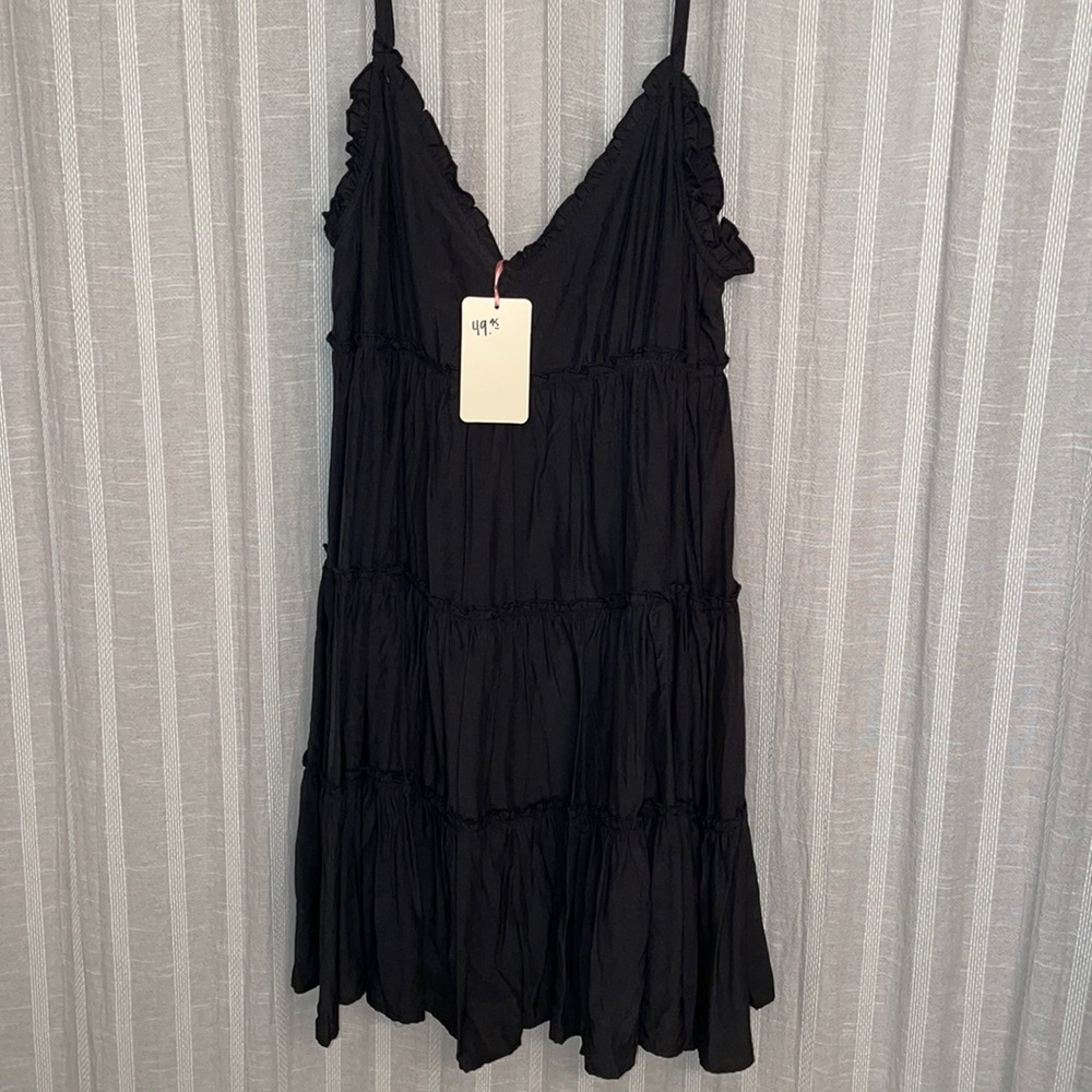 NWT Black Mini Dress Ruffled Tier V-Neck Bow Spaghetti Strap